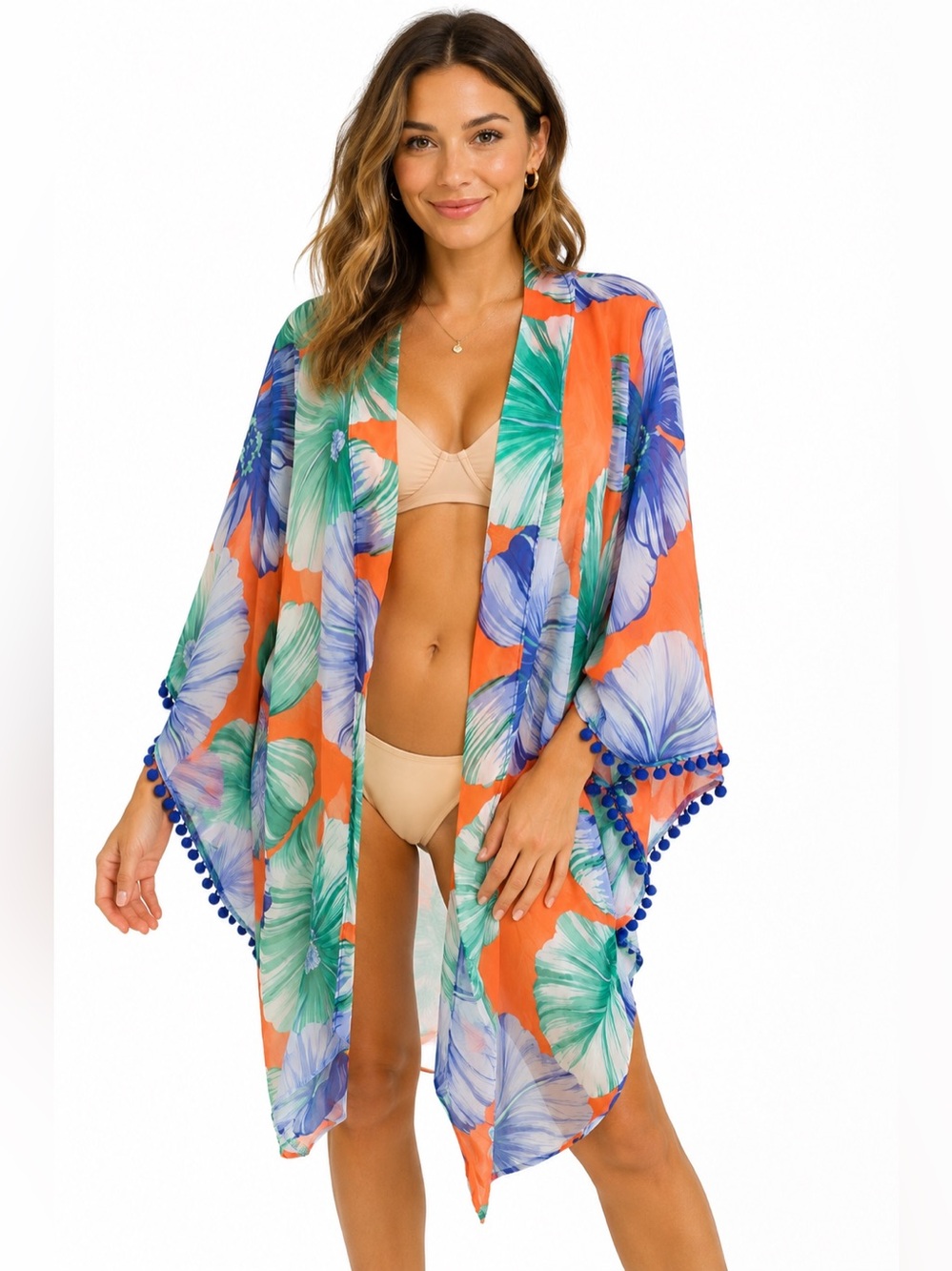Floral Orange & Green Beach Kimono Cover-Up